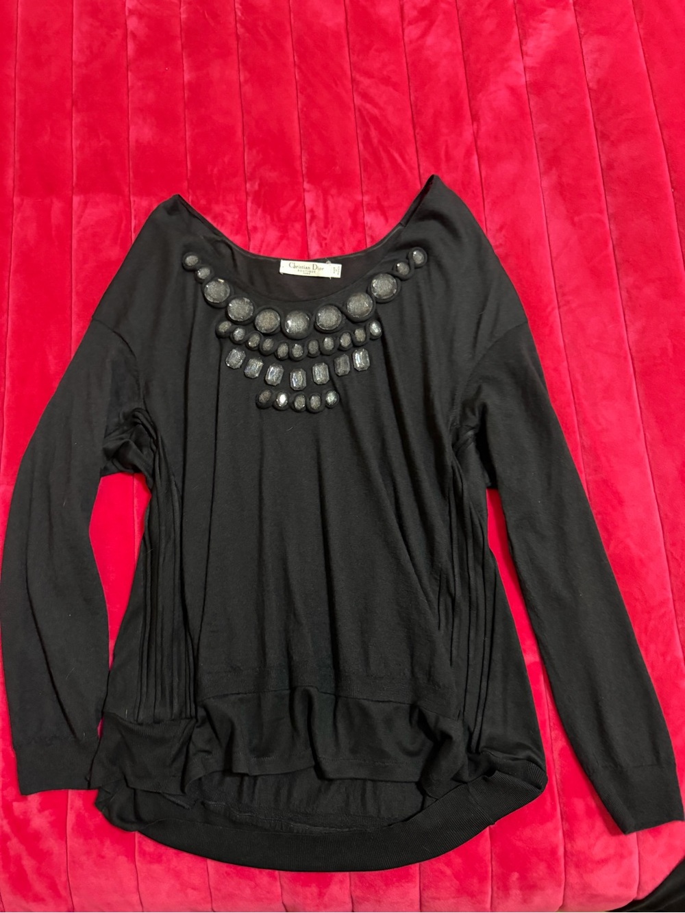 Christian Dior long-sleeve black blouse top cashmere embelished jeweled neckline